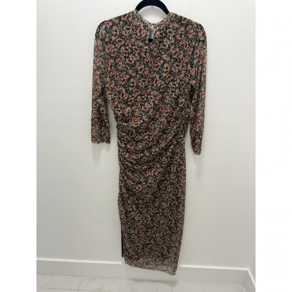 DRA Los Angeles Floral Mesh Ruched Maxi Dress Size L Long Sleeve Bodycon Boho